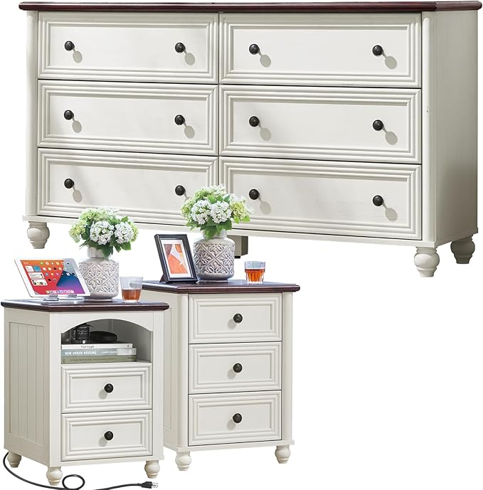 Dressers & Night Stand Set of 3, Wood 54'' Wide Dresser & 18'' Chest of Drawers, Roman Column 2 & 3 Drawer Nightstand Set of 2, Furniture 6 Drawer Dresser Suites for Bedroom Living Room, Hallway, Home