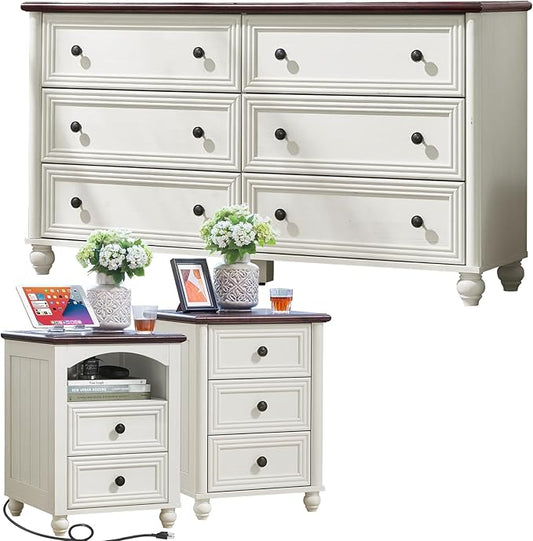 Dressers & Night Stand Set of 3, Wood 54'' Wide Dresser & 18'' Chest of Drawers, Roman Column 2 & 3 Drawer Nightstand Set of 2, Furniture 6 Drawer Dresser Suites for Bedroom Living Room, Hallway, Home