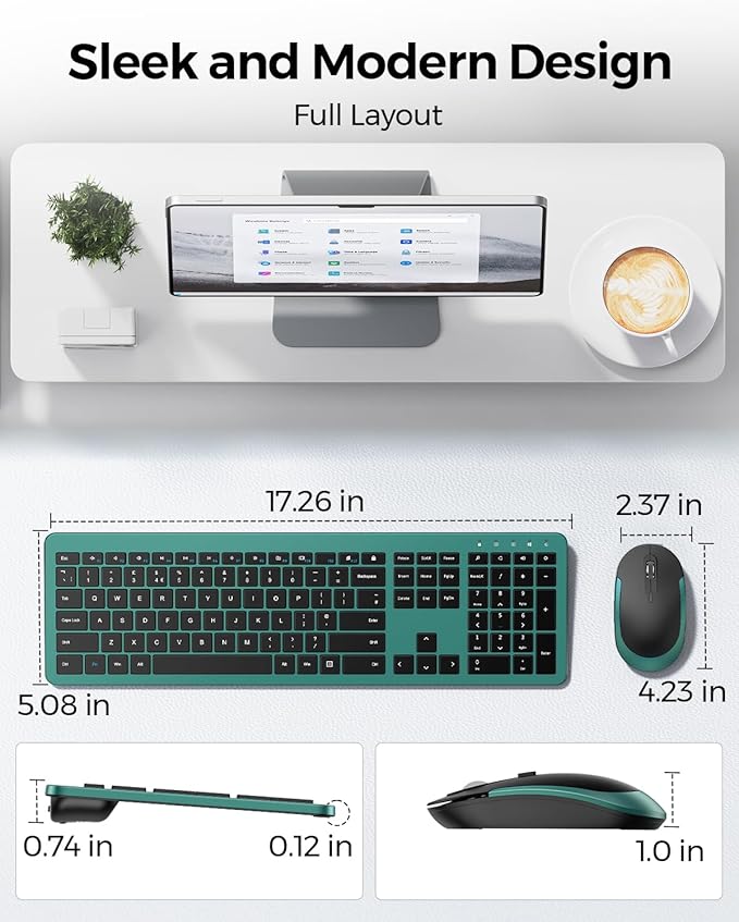 Wireless Keyboard and Mouse Combo, Full Size Slim Thin Cordless Keyboard Mouse with Numeric Keypad, Quiet Computer Keyboard Mice Set 2.4G Stable Connection Adjustable DPI (Green)
