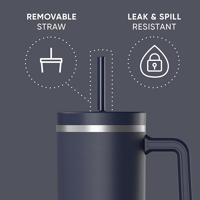 Hydrapeak Voyager 40 Oz Stainless Steel Tumbler with Handle, Insulated Water Bottle With Straw & Lid, Cupholder Friendly Reusable Travel Mug (Navy)
