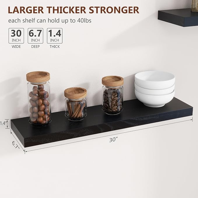fuqing 30 Inch Floating Shelves for Wall, Black Wood Floating Shelves Set of 2, 30 Inch Wide x 6.7 Inch Deep Wooden Shelves for Living Room Bedroom Bathroom Home Office