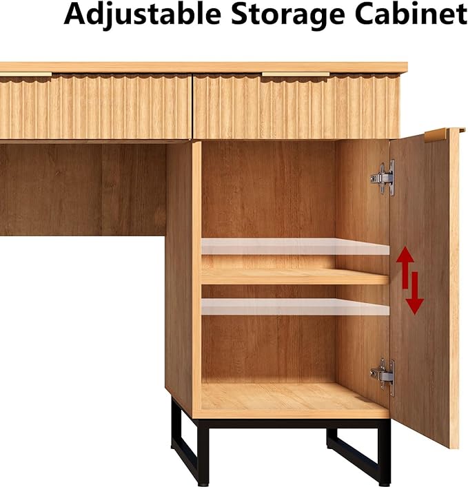 55" Fluted Executive Desk with File Drawer,Wooden Computer Desk with Storage,Light Wood Modern Office Desk for Work and Studying,Natural Oak (1, Natural Oak)