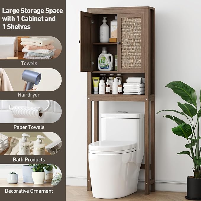 knoworld Rattan Over The Toilet Storage Cabinet, Above Toilet Bathroom Organizer with Adjustable Shelf, Behind Toilet Cabinet, Space Saver for Restroom, Bathroom, Laundry, Caramel Oak