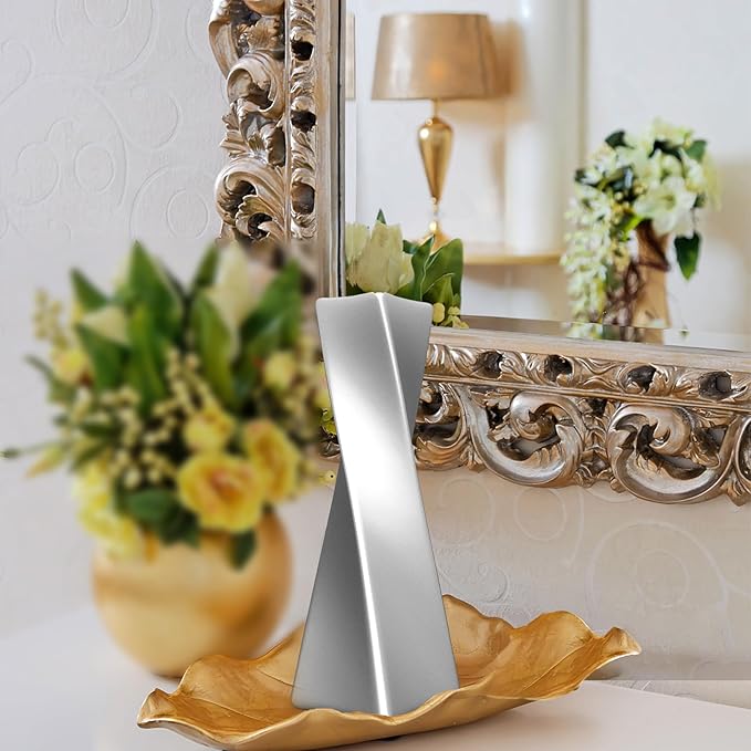 Silver Ceramic Geometric Vase, 11.8" H, Modern Decorative Vase for Home Decor