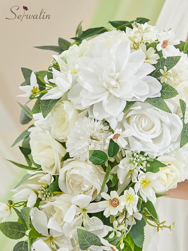 Serwalin 11Inch Bridal Bouquet White Green Wedding Bouquets for Bride Bridesmaid Artificial Wedding Flowers for Wedding Ceremony Anniversary