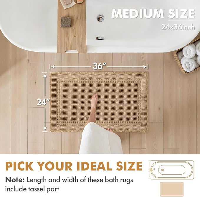MIULEE Set of 2 Waffle Bathroom Rugs, Boho Bath Rug Super Absorbent, Non Slip Washable Ultra Soft Rubber Backed Shower Bath Mats for Floor, Tub, Shower, Looped Design, Brown, 24x36 Inch