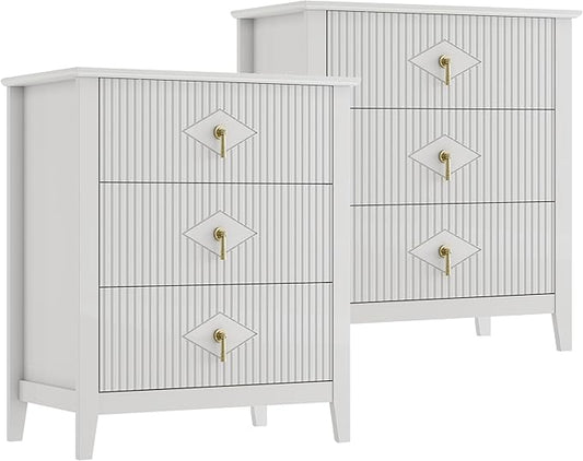 GarveeHome 2Pcs Wood Nightstand Fluted Dresser for Bedroom, 27.5" Wide 3-Drawer Bedside Tables, Modern Chest of Drawers, Storage End Table Living Room, Hallway, Entryway, White