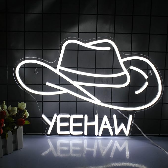 Cowboy Hat Neon Sign Cowboy LED Sign for Wall Decor USB Powered White Cowboy Hat Neon Light for Gameroom Bedroom Livingroom Bar Office Beer Bar 16.5 x11.4 inch