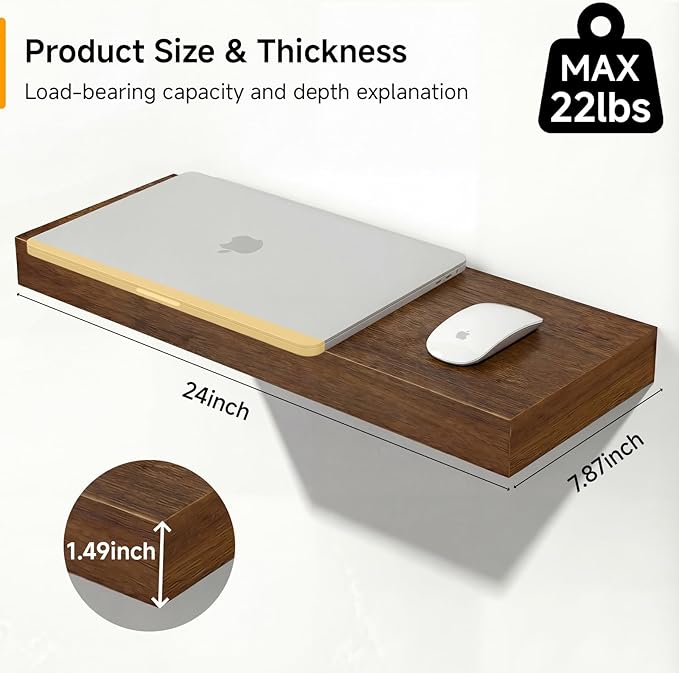 Walnut Floating Shelves for Wall, 24 in Wall Mounted Shelves Perfect for Bedroom, Bathroom, Living Room and Kitchen Decoration Storage（Set of 2）