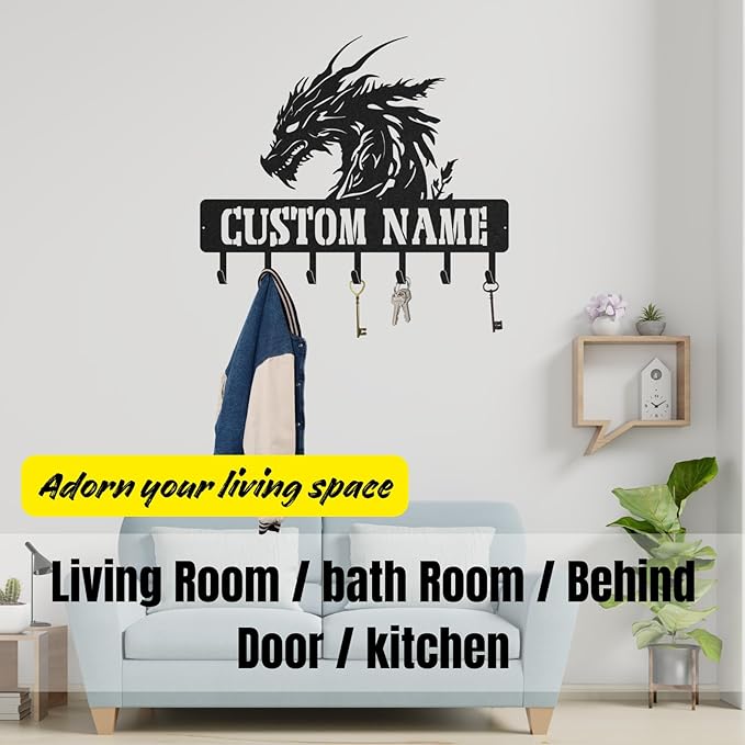 LOWACOS Personalized Dragon Key Holder, Custom Metal Dragon Key Hooks with Name, Large Black Metal Wall Hooks Rack, Custom Jacket Organizer for Gameroom, Bedroom, Entryway, Gifts for Men(8in)