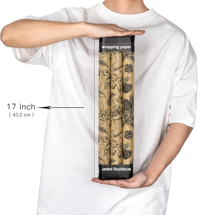 MAYPLUSS Kraft Christmas Wrapping Paper Roll - 3 Mini Roll -17in x120in Per roll,Kraft Vintage Wrapping Paper,Rustic Print for Party,Birthday,Baby Shower,Natural Paper Roll Design (42.3 sqft)