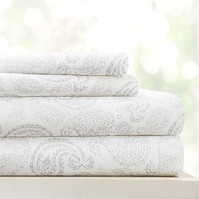 Linen Market Double-Brushed Patterned Microfiber Twin Sheet Set 3 Piece – Oeko-TEX Certified Ultra Soft & Wrinkle-Free - 16" Deep Pocket Sheets - Easy Care Twin Size - Coarse Paisley Light Gray
