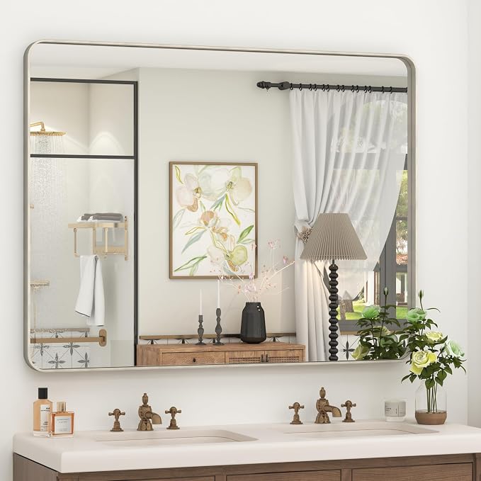 48x36 Silver Bathroom Mirror, Brushed Silver Framed Bathroom Vanity Mirror, Modern Rectangle Mirror, Rounded Corners, Shatterprood, Anti-Rust (Horizontal/Vertical)