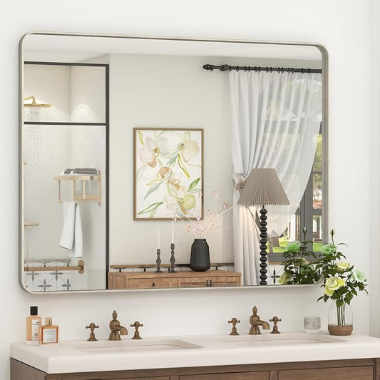 48x36 Silver Bathroom Mirror, Brushed Silver Framed Bathroom Vanity Mirror, Modern Rectangle Mirror, Rounded Corners, Shatterprood, Anti-Rust (Horizontal/Vertical)
