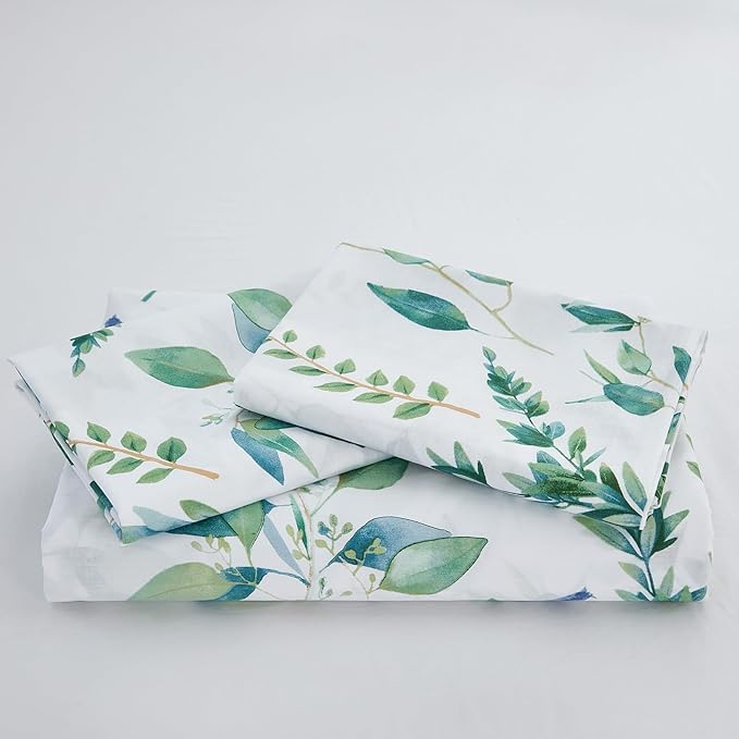 Botanical 100% Cotton Duvet Cover King Size - 3Pcs Mint Green Printed with Sage & Emerald Leaves on White,Reversible Lightweight and Soft Bedding Sets
