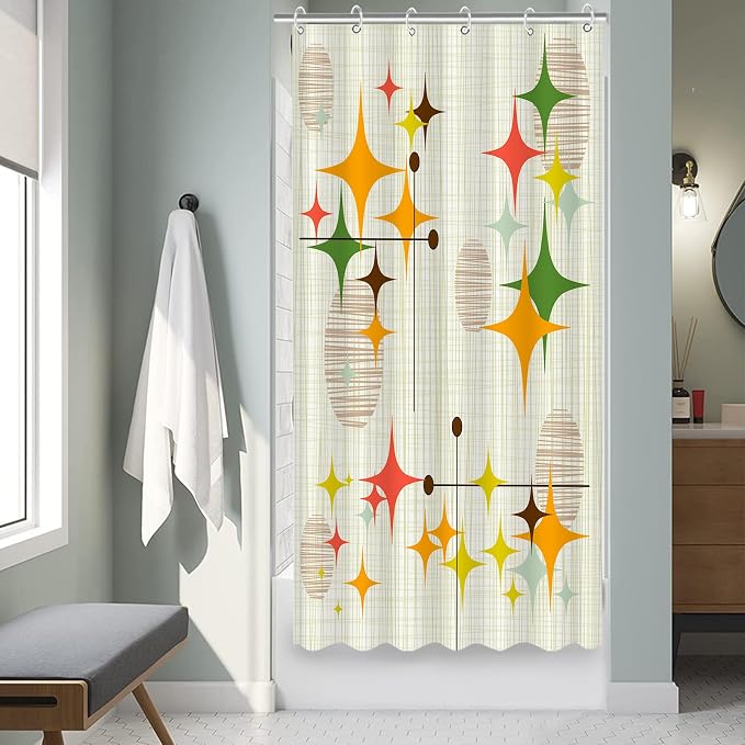 Stall Mid Century Modern Shower Curtain Set Retro Stars Shower Curtains for Bathroom Abstract Vintage Boho Art Waterproof Fabric Bath Curtain Decor (36'' x 72'')
