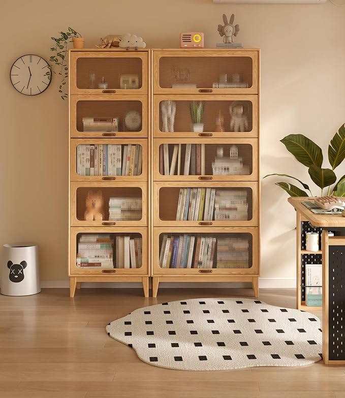 5 Tier Solid Wood Bookcase with Tempered Glass Doors Elegant Wooden Book Shelf with Doors 72H/32w/14 inch Log Khaki, Luxury Antique Bookcase Artwork Book Shelves/case for Home Office