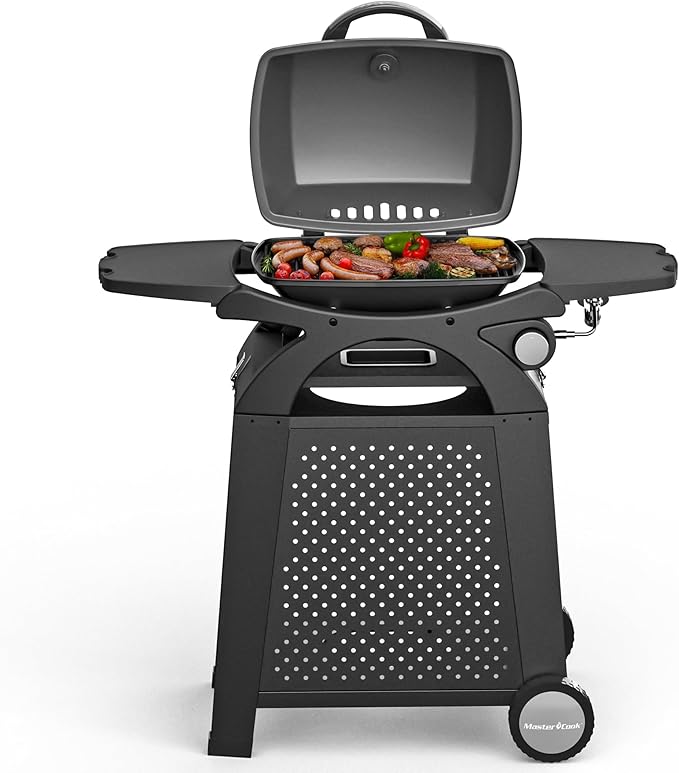 MASTER COOK Single Burner Propane Gas Grill, 266 Sqin Cooking Area, 11,500 BTU Portable Tabletop Barbecue Grill with Cart for Patio, Camping, Travel