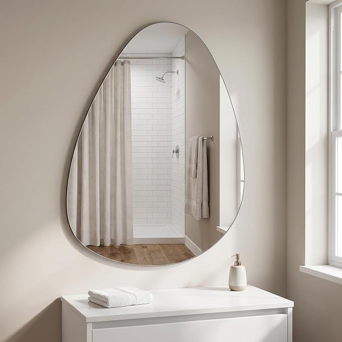 BEAUTYPEAK Asymmetrical Mirror, 20 x 30 Inches Irregular Wall Mirror, Wood Frame Unique Shape Wall Mounted, Decorative for Living Room Bedroom Entryway Hallway