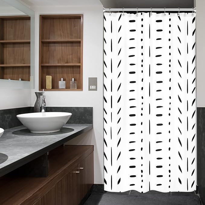 Riyidecor Boho White Black Stall Small Half Size Dorm Shower Curtain 36x72 Inch Striped Geometric Chevron Herringbone Single Narrow Tiny Walkin Stand Up Decor Fabric Bathroom Set Polyester Waterproof