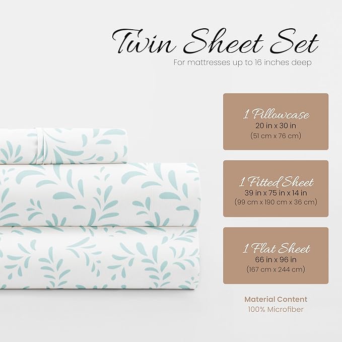 Linen Market Double-Brushed Patterned Microfiber Twin Sheet Set 3 Piece – Oeko-TEX Certified Ultra Soft & Wrinkle-Free - 16" Deep Pocket Sheets - Easy Care Twin Size - Burst of Vines Light Blue