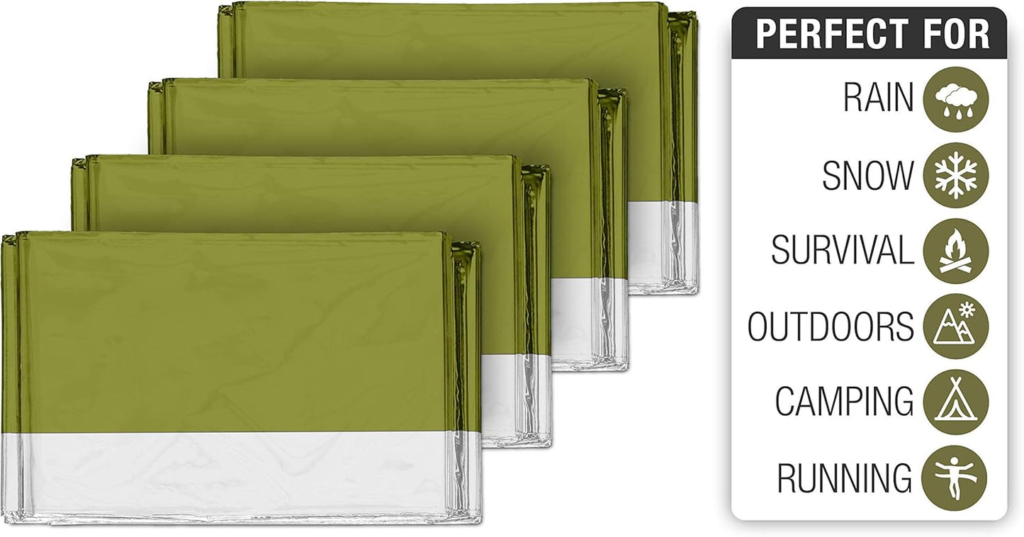 Swiss Safe Mylar Emergency Blankets - Compact & Insulated for Cold Weather | 4-Pack in Army Green