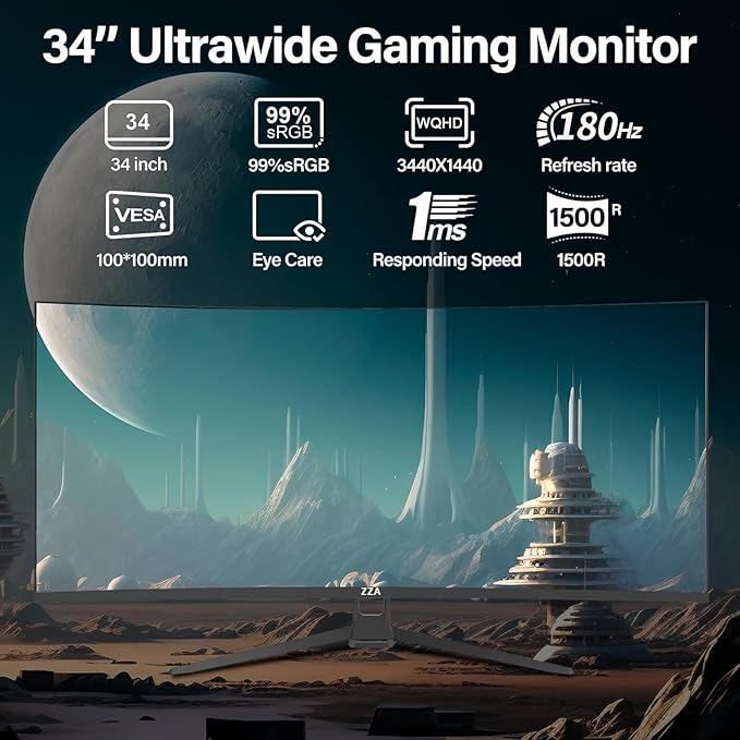 ZZA UltraWide 34 inch Curved Monitor 1500R PC Screen 180hz Refresh Rate WQHD 3440x1440 Computer Gaming Monitor VA PanelAMD FreeSync Premium | HDR10 | 99% sRGB | VESA