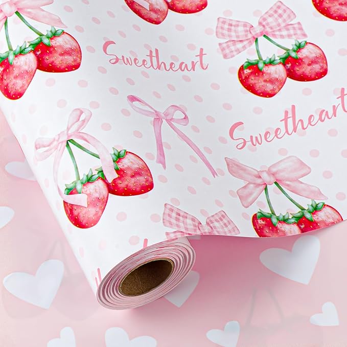 Homeral Pink Strawberry Birthday Wrapping Paper Roll - 17In x 16.5Ft Reversible Gift Wrap, Strawberry and Bow Pattern Art Paper for Girls Baby Shower, Birthday, Wedding, Valentine’s Day, DIY Crafts