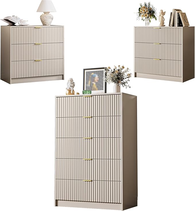 3-Piece Dresser Bedroom Set, 5 Drawer Dresser & 3 Drawer Nightstands with Gold Handles, Fluted Wood Chest of Drawers for Bedroom, Living Room, Entryway, Beige