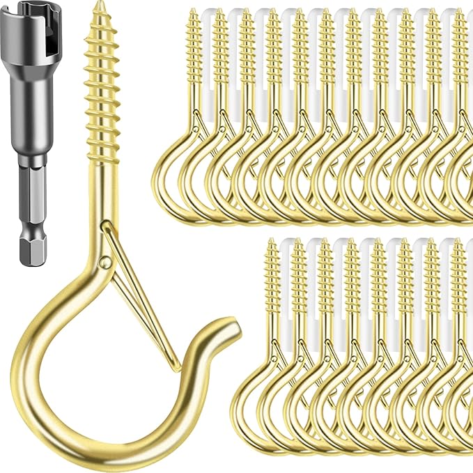 FSAH 48 PCS Q-Hanger Hooks, Screw Hooks for Outdoor String Lights, Safety Buckle Design Cup Eye Hook for Hanging Christmas Lights, Plants, Mounted on Wall Ceiling, Include 1 Wing Nut Driver, Gold