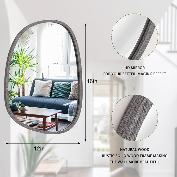 Asymmetrical Mirror for Wall Decor Small Modern Wooden Framed Wall Mirror Unique Shape Wall Mounted Vanity Artistic Oval Mirror Decorative for Bedroom Bathroom Living Room Entryway