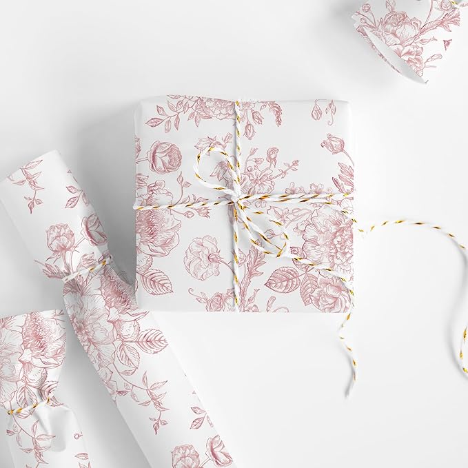 JarThenaAMCS Rose Gold Floral Wrapping Paper - Mini Roll - 17 Inch x 32.8 Ft Vintage Flower Gift Wrap Paper Decorative Art Paper for DIY Crafts Supplies