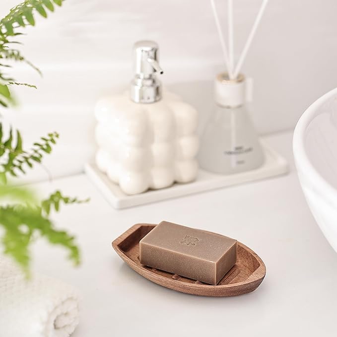 Acacia Wooden Soap Dish with Self Draining, Funny and Modern Multi Shape Design, Soap Holder for Sink Countertop, Shower & Bathroom Soap Tray。 (Boat-5.9"x3.74"x0.86")