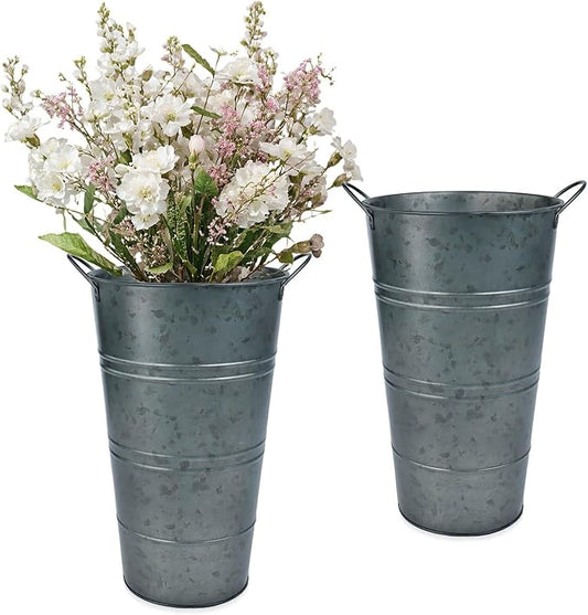 12 Inch Galvanized Metal Vases for Flowers - 2 Pcs Farmhouse Decorative Tall Flower Bucket with Handles, Rustic French Tin Planter Buckets for Wedding Decor (Galvanized Black)