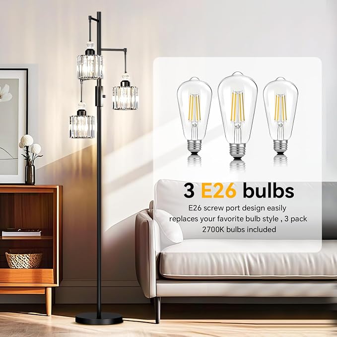 Black Tree Floor Lamp with 3 Crystal Cage Lampshades & Dimmable Bulbs - 70" Vintage Glam Standing Lamp for Living Room Bedroom, Industrial Modern Decor with Crystal Ball Accents (Matte Black)