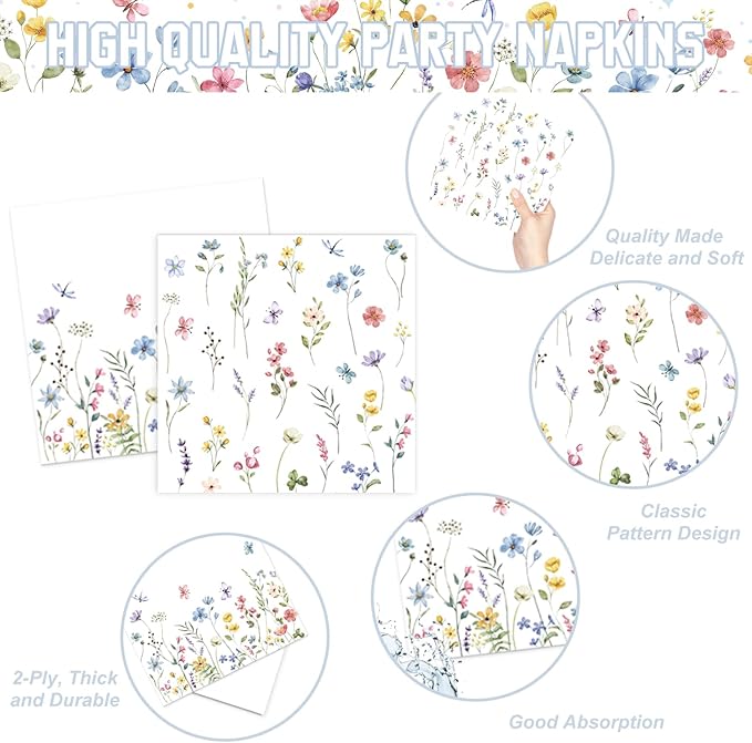 175 PCS Spring Wildflower Party Decorations include Plates, Cups, Napkins, Cutlery, Cake Toppers, Banner, Tablecloth, Balloons for Floral Baby Shower Birthday Decorations, Serves 20