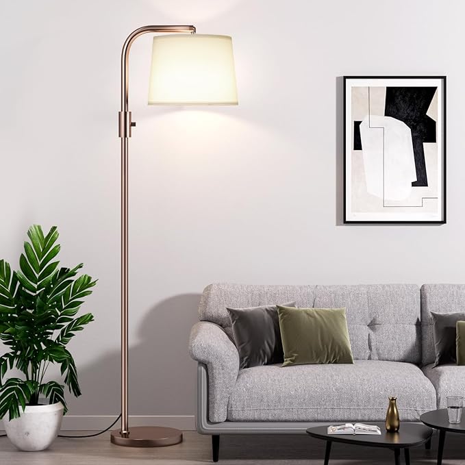 Ambimall Fully Dimmable Floor Lamp with 9W LED Bulb - Standing Lamp for Living Room with Adjustable Head, Modern Tall Light with Rotary Switch for Office, Brown and White