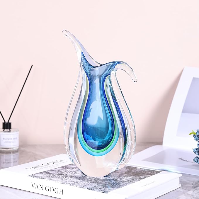 Blue Hand Blown Glass Vase – Oval Decorative Art Glass for Centerpieces, Murano Inspired Decor for Dining Room, Entryway Table, or Shelf, Handmade Glass Vase for Home Display (Blue Green)