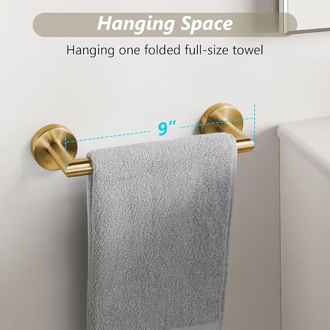JunSun Bathroom Towel Bar 9 Inch Brushed Gold Towel Racks Wall Mount Bath Hand Towel Holder Modern Home Decor Towel Rod Bathroom Hardware Stainless Steel Towel Hanger Gold Towel Rail Single Towel Bars