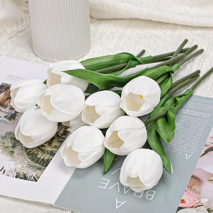 DILATATA 10 Pcs White Tulips Artificial Flowers Large Tulips Head Real Touch Fake Tulip Fake Flowers for Mother's Day 11.4" Faux Tulip for Vase Centerpieces Home Wedding Bouquet