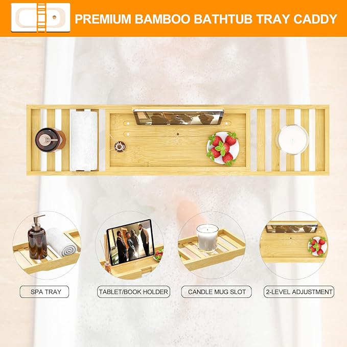 Bathtub Tray - Bath Tray Expandable - Bath Table Trays for Bathtub/Tub,Premium Bamboo Wooden, Fits Most Bath Tubs