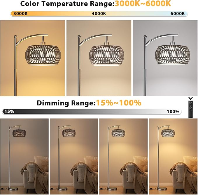 Ambimall Arc Floor Lamp for Living Room with Remote, Color Temperature & Brightness Adjustable, Bohemia Standing Lamp with Rattan & Fabric Double Drum Shades, Bulb Included(Deep Gray)