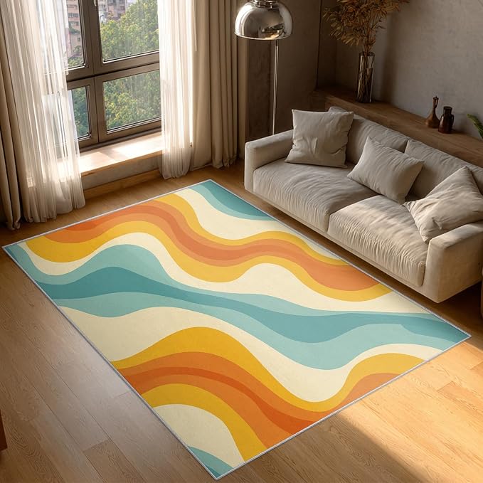 Retro Wavy Rugs for Home Decor, 5x8 ft, Abstract Waves Area Rugs for Living Room, Soft Non Slip Washable 70s Groovy Carpet Bedroom Decorations Dt-Ghf-69