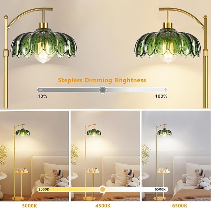 QIYIZM Glass Floor Lamp with Table and Shelves for Living Room Bedroom,Gold Standing Lamp with Remote Dimmable,Boho Brass Tall Lamp Vintage Farmhouse Arc Green Flower Floor Light Bohemian