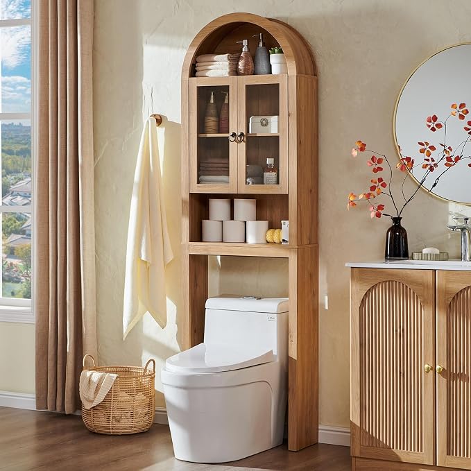IFGET Arched Over The Toilet Storage Cabinet with Acrylic Doors, Modern Over Toilet Bathroom Organizer Shelf, Small Wooden Bathroom Storage Cabinet with Adjustable Shelf,Space Saver, Natural Oak