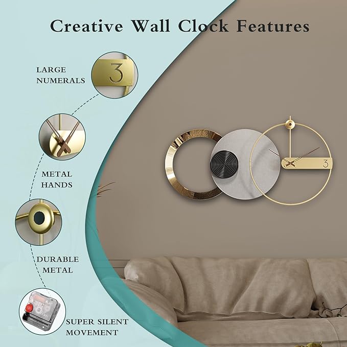 Oversized Wall Clock for Living Room,Large Modern Nordic Metal,Silent Movement Wall Clocks Battery Operated, Mid-Century Modern Home Decoration for Bedroom Living Room Office,47" X 25"