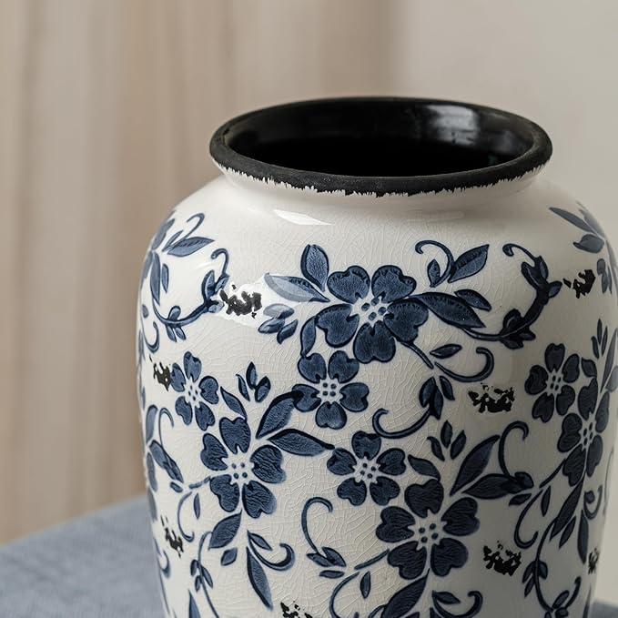 Blue and White Vintage Vase, Ceramic Chinoiserie Floral Vases, Retro Ice Cracked Round Farmhouse Rustic Large Flower Vases for Home Decor Centerpieces, Living Room, Bookshelf, Office 7.8 Inch