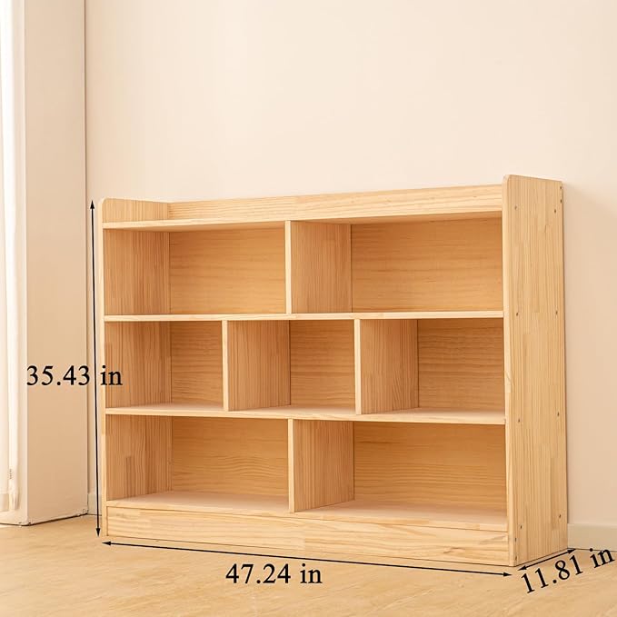 Wooden 7 Compartment Storage Cabinet Organizer Kids 3 Tier Wood Bookshelf School Storage Shelf Classroom Furniture for Kids Natural (47.24" L x 11.81" W x 35.43" H)
