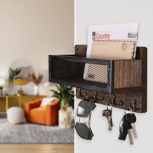 ADIIL Wooden Wall Mount Key Holder - Rustic Key Rack Organizer with 4 Double Hooks | Brown Entryway Decor
