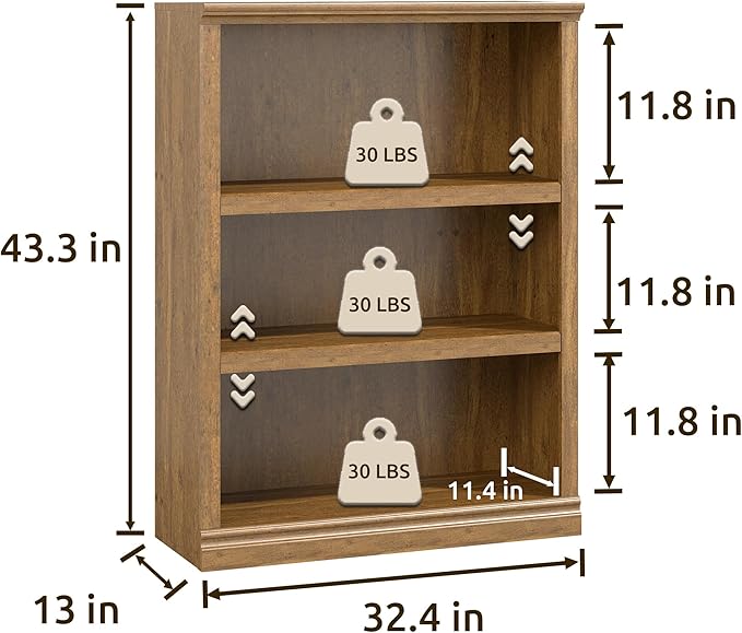 43 in Tall Bookcase, 3-Tier Bookshelf Open Storage, 33 inch Wide Floor Standing Indoor Furniture, Book Cases for Home School Library Office Bedroom Kids, Vintage Oak 3 Tiers
